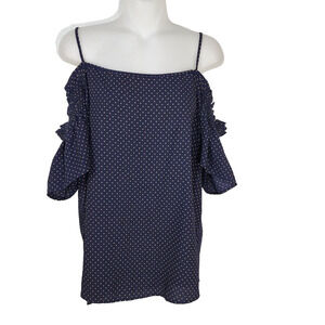 Jella C Womens Top Size XL Blue Tan Polka Dots Off the Shoulder Spaghetti Straps